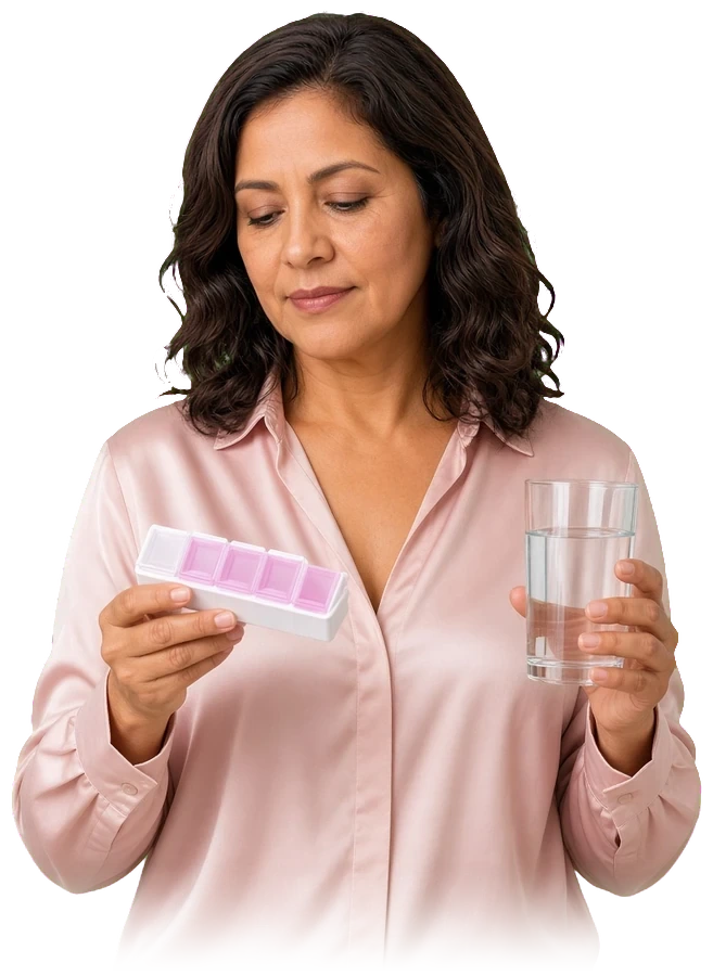 A woman holding a weekly pill organiser and a glass of water