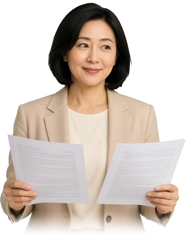 A woman comparing two reports side by side