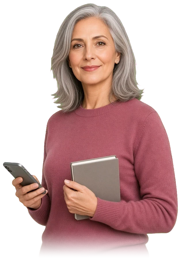 A woman with a phone and notebook, ready for her next appointment